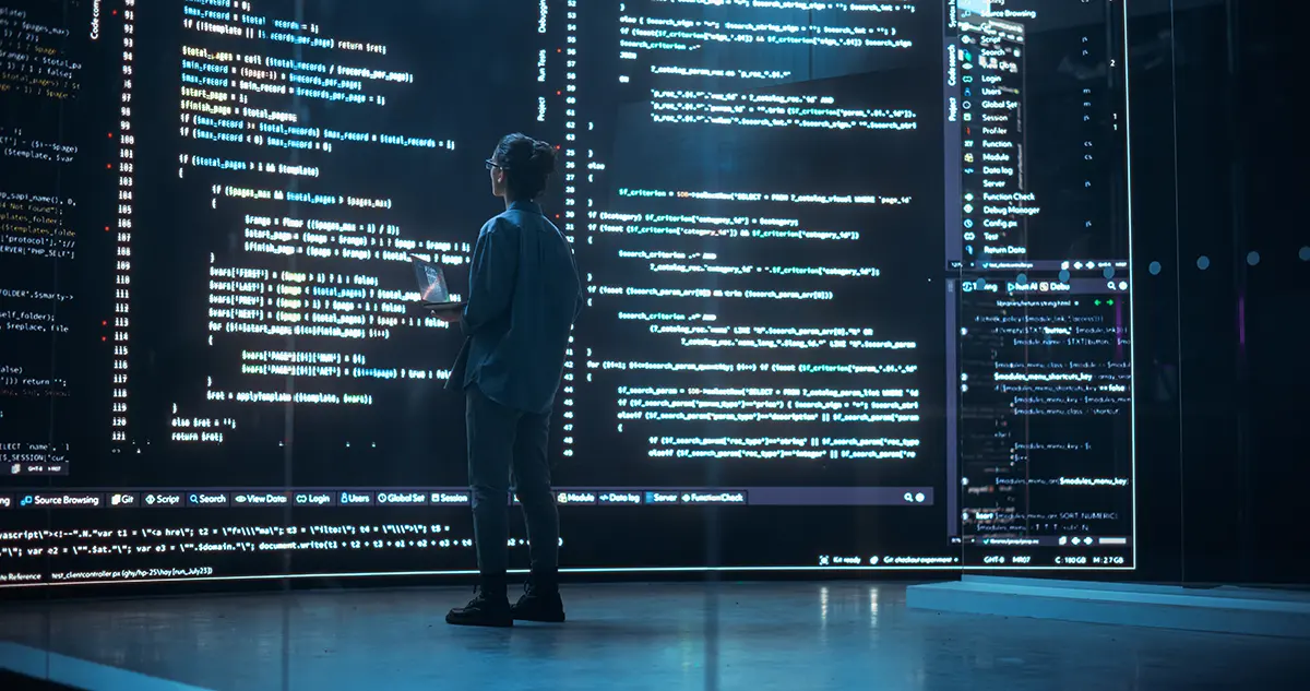 Person viewing large code on multiple screens in a high-tech coding environment