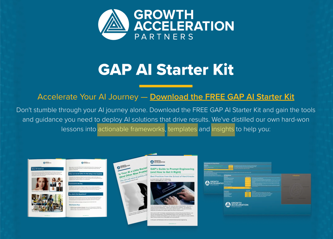 Promotional graphic for GAP AI Starter Kit by Growth Acceleration Partners, featuring a call-to-action, description, and preview images of downloadable AI resources.