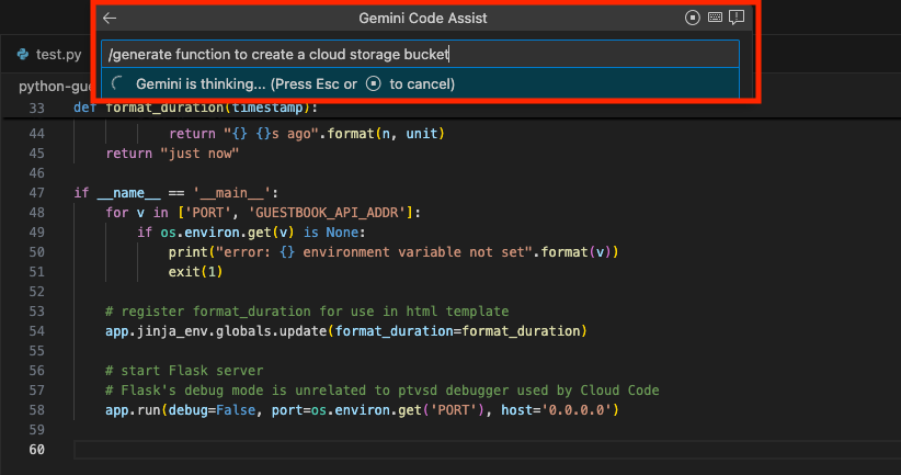 VS Code interface with Gemini Code Assist generating a function for creating a cloud storage bucket.