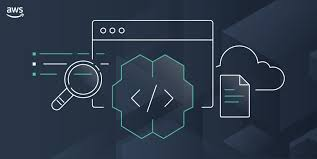 Abstract illustration of AWS cloud development with coding, search, and document icons.