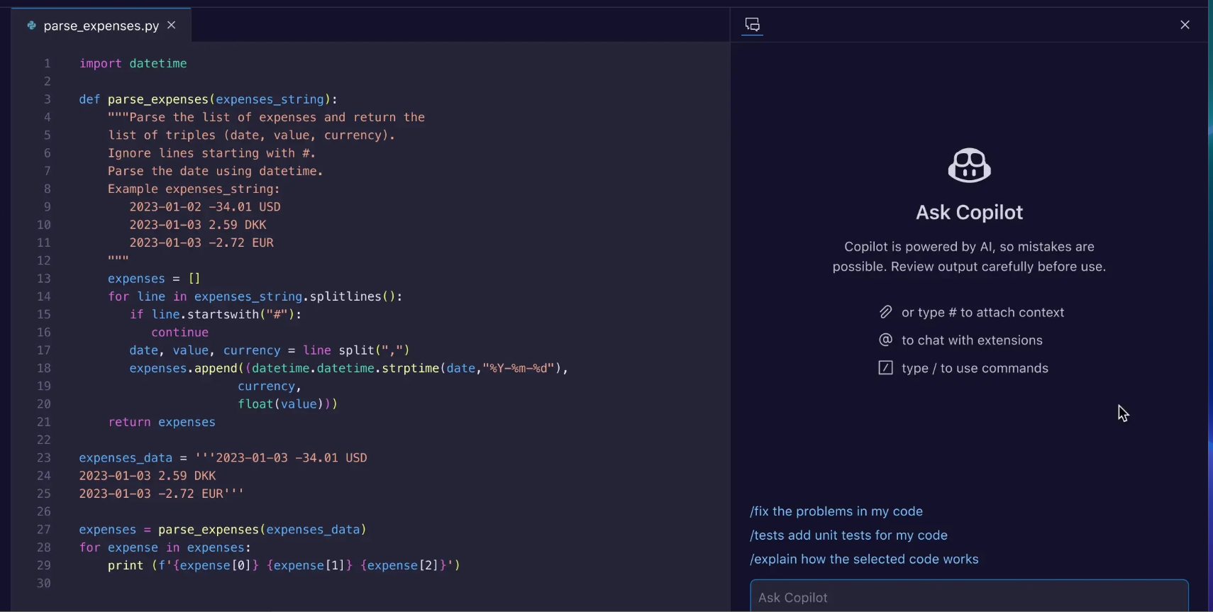 Code editor displaying a Python script for parsing expenses with GitHub Copilot suggestions on the right panel.