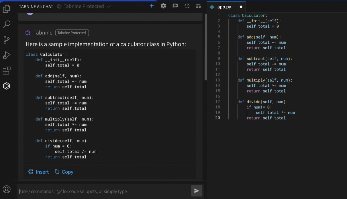 VS Code editor showing a Python calculator class example with Tabnine AI code assistant suggesting code snippets