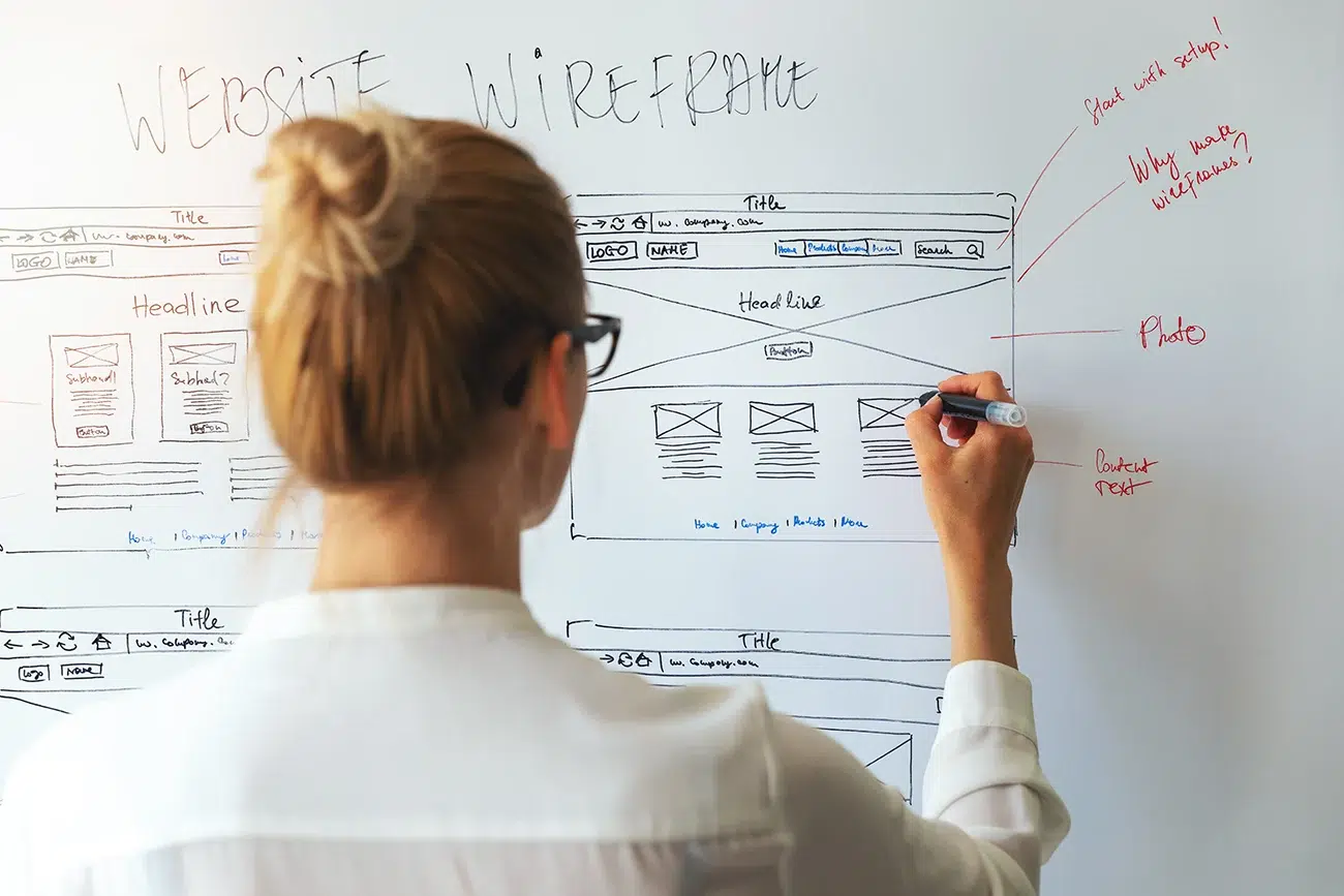 Designer creating a website wireframe on a whiteboard with detailed annotations